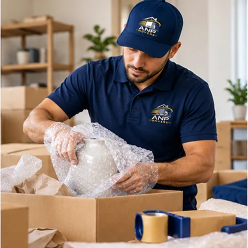 People carrying moving boxes indoors
