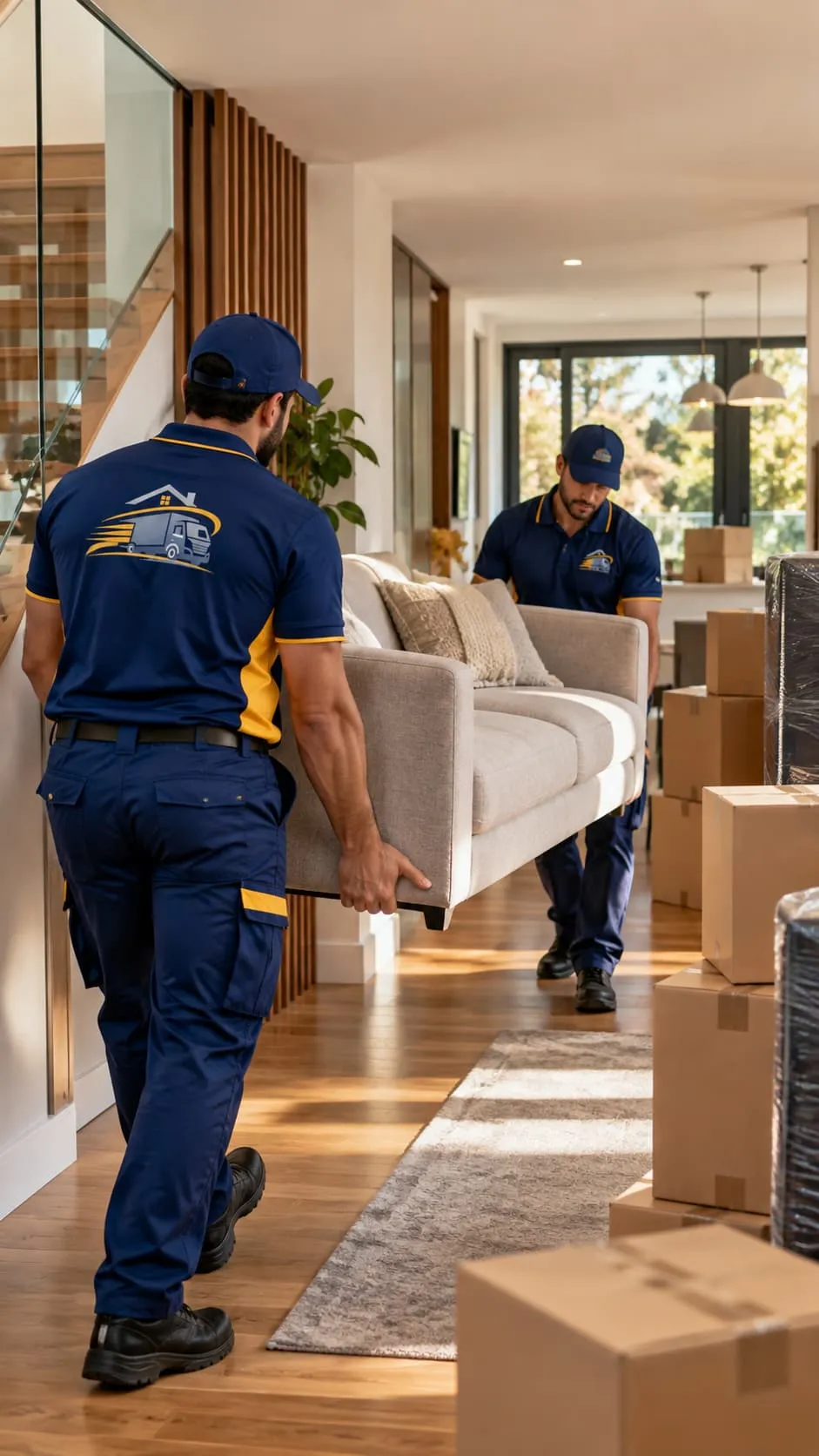 People carrying moving boxes indoors